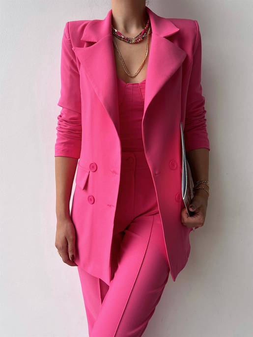 Kuplu Bluz Blazer Ceket & Pantolon Adelisa Kadın Fuşya Üçlü Takım 22K000262