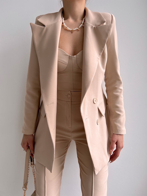 Kuplu Bluz Blazer Ceket & Pantolon Adelisa Kadın Bej Üçlü Takım 22K000262