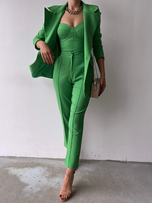 Kuplu Bluz Blazer Ceket & Pantolon Adelisa Kadın Yeşil Üçlü Takım 22K000262