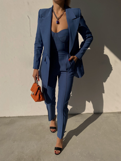 Kuplu Bluz Blazer Ceket & Pantolon Adelisa Kadın İndigo Üçlü Takım 22K000262