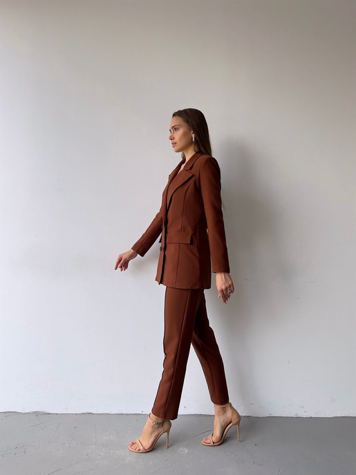 Kuplu Bluz Blazer Ceket & Pantolon Adelisa Kadın Kahve Üçlü Takım 22K000262