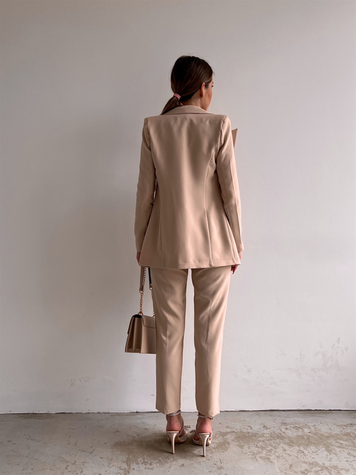 Kuplu Bluz Blazer Ceket & Pantolon Adelisa Kadın Bej Üçlü Takım 22K000262