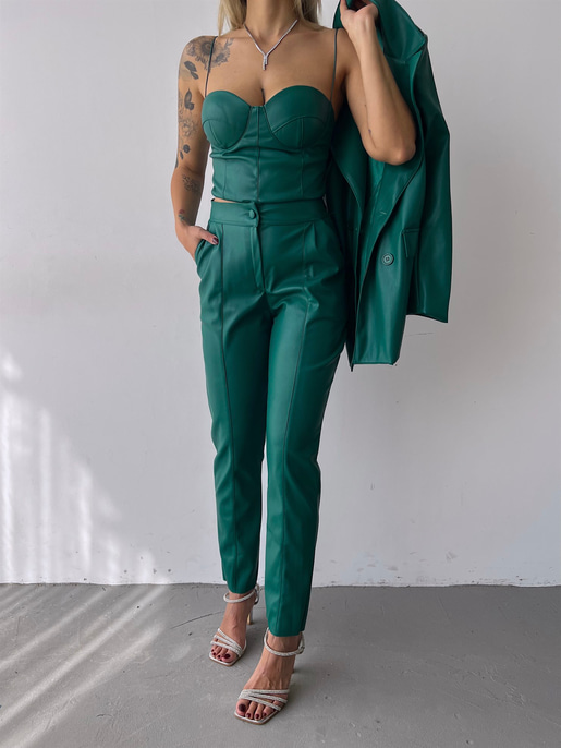 Kuplu Bluz Blazer Ceket Ve Pantolon Eline Kadın Yeşil Vegan Deri Üçlü Takım 23K000171