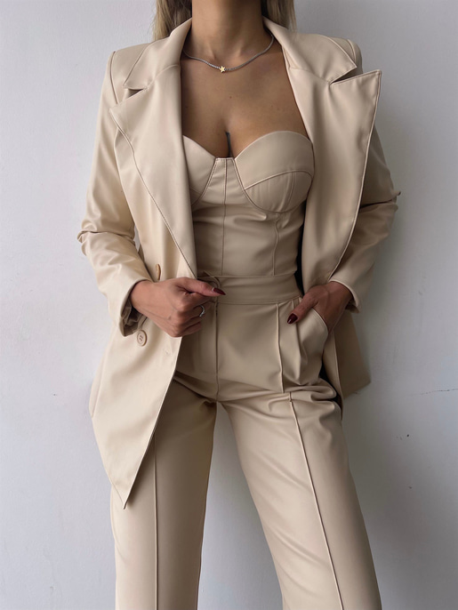 Kuplu Bluz Blazer Ceket Ve Pantolon Eline Kadın Bej Vegan Deri Üçlü Takım 23K000171