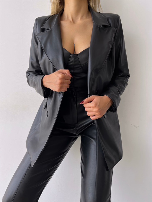 Kuplu Bluz Blazer Ceket Ve Pantolon Eline Kadın Siyah Vegan Deri Üçlü Takım 23K000171