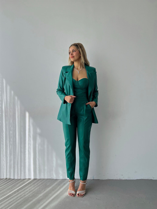 Kuplu Bluz Blazer Ceket Ve Pantolon Eline Kadın Yeşil Vegan Deri Üçlü Takım 23K000171