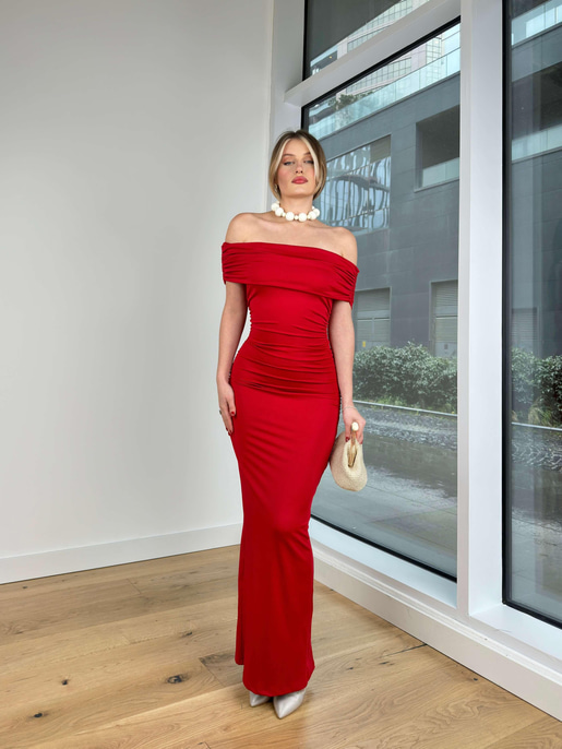 Madonna Yaka Drapeli Nuestra Kadın Kırmızı Maxi Elbise 24Y215