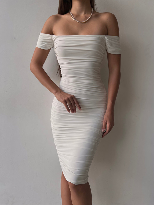 Midi Açık Omuz Büzgülü Trevor Kadın Beyaz Kalem Elbise 22Y000282
