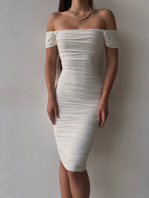 Midi Açık Omuz Büzgülü Trevor Kadın Beyaz Kalem Elbise 22Y000282