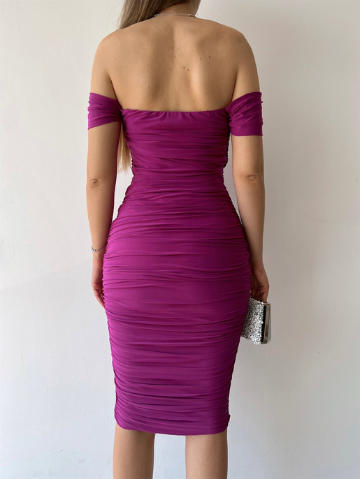 Midi Açık Omuz Büzgülü Trevor Kadın Mor Kalem Elbise 22Y000282