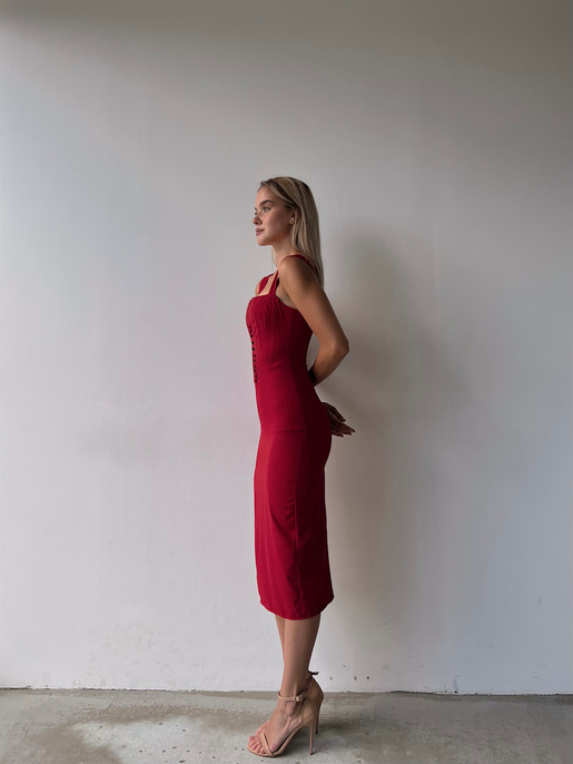 Midi Boy Askılı Yandan Yırtmaçlı Korse Rula Kadın Kırmızı Elbise 22Y000396