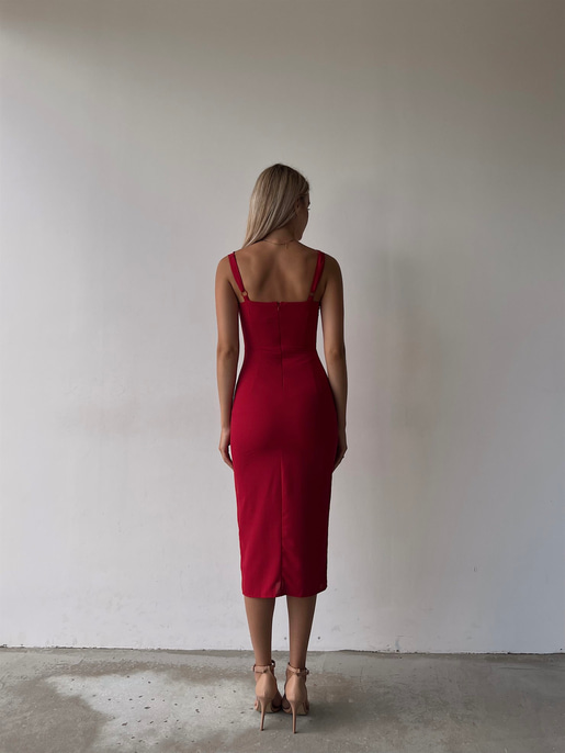 Midi Boy Askılı Yandan Yırtmaçlı Korse Rula Kadın Kırmızı Elbise 22Y000396