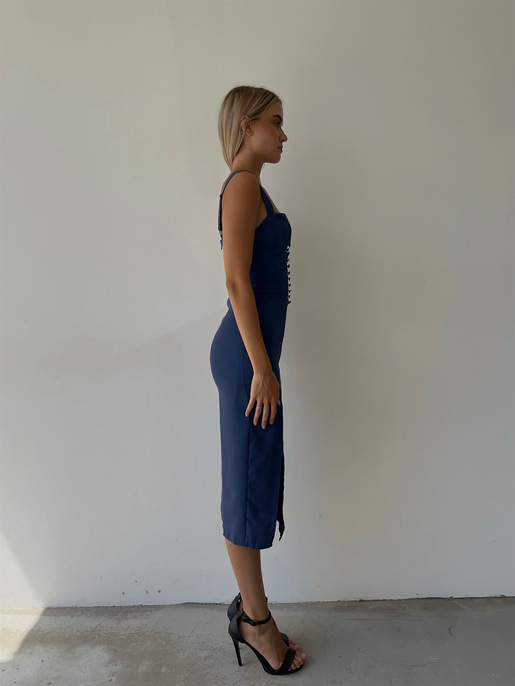 Midi Boy Askılı Yandan Yırtmaçlı Korse Rula Kadın İndigo Elbise 22Y000396