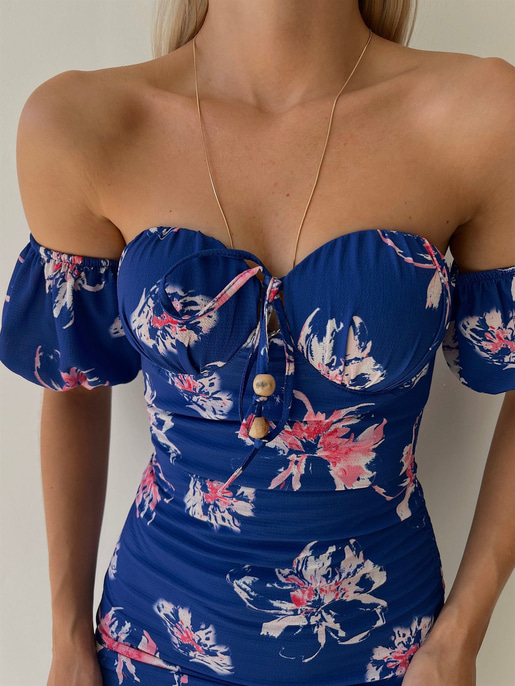 Midi Boy Çiçekli Göğüs Kuplu Boyu Ayarlanabilir Bağcıklı Kaley Kadın Saks Elbise 22Y000298