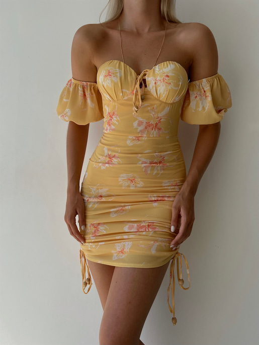 Midi Boy Çiçekli Göğüs Kuplu Boyu Ayarlanabilir Bağcıklı Kaley Kadın Sarı Elbise 22Y000298