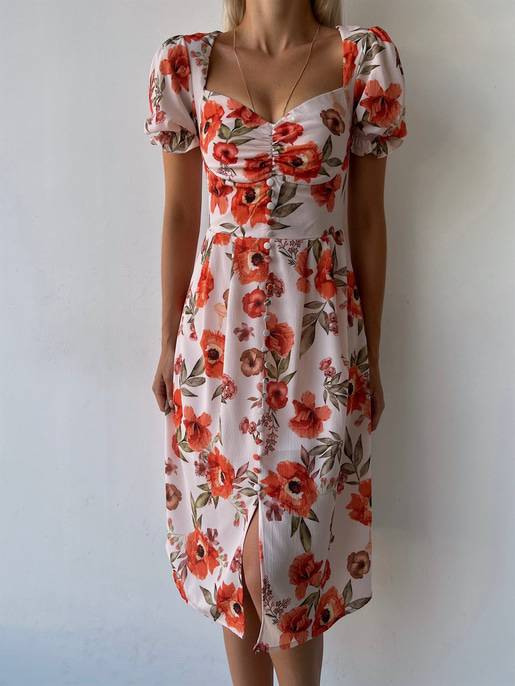 Midi Boy Desenli Boydan Düğme Detaylı Aralia Kadın Pudra Elbise 22Y000400