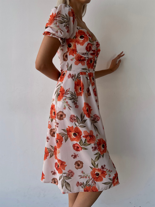 Midi Boy Desenli Boydan Düğme Detaylı Aralia Kadın Pudra Elbise 22Y000400