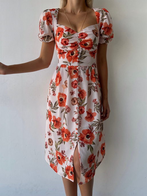 Midi Boy Desenli Boydan Düğme Detaylı Aralia Kadın Pudra Elbise 22Y000400