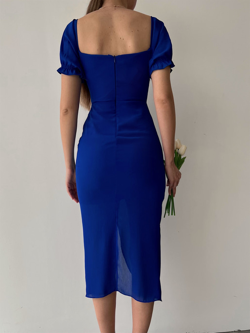 Midi Boy Drapeli Göğüs Kuplu Yırtmaçlı Maggie Kadın Saks Elbise 22Y000247