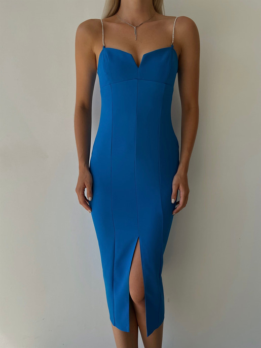 Midi Boy Likralı İnce Taş Askılı Yırtmaçlı Manlio Kadın Saks Elbise 22Y000466