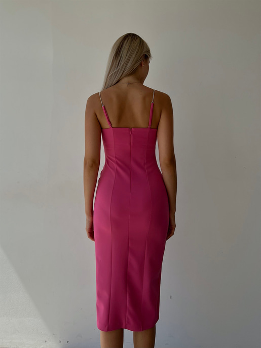 Midi Boy Likralı İnce Taş Askılı Yırtmaçlı Manlio Kadın Fuşya Elbise 22Y000466