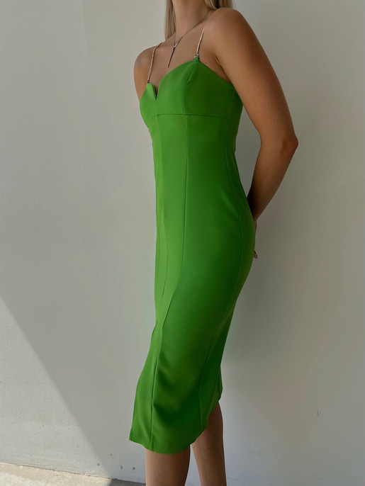 Midi Boy Likralı İnce Taş Askılı Yırtmaçlı Manlio Kadın Yeşil Elbise 22Y000466