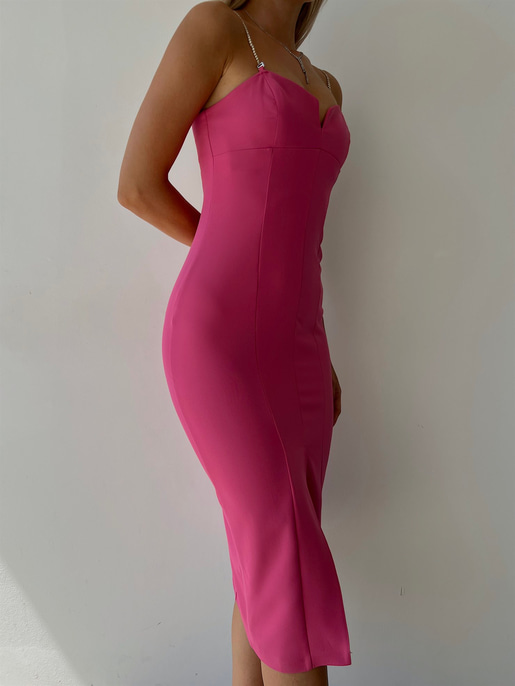 Midi Boy Likralı İnce Taş Askılı Yırtmaçlı Manlio Kadın Fuşya Elbise 22Y000466