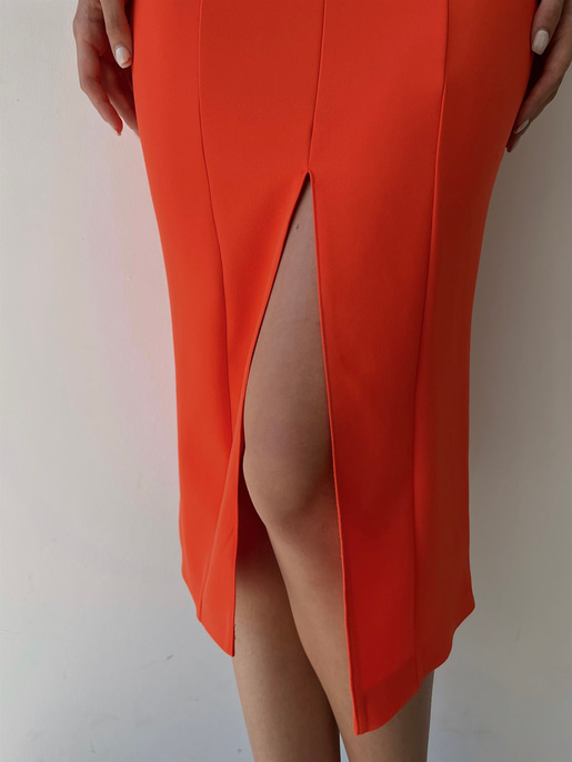 Midi Boy Likralı İnce Taş Askılı Yırtmaçlı Manlio Kadın Oranj Elbise 22Y000466