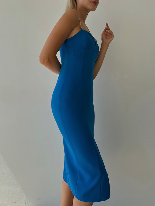 Midi Boy Likralı İnce Taş Askılı Yırtmaçlı Manlio Kadın Saks Elbise 22Y000466