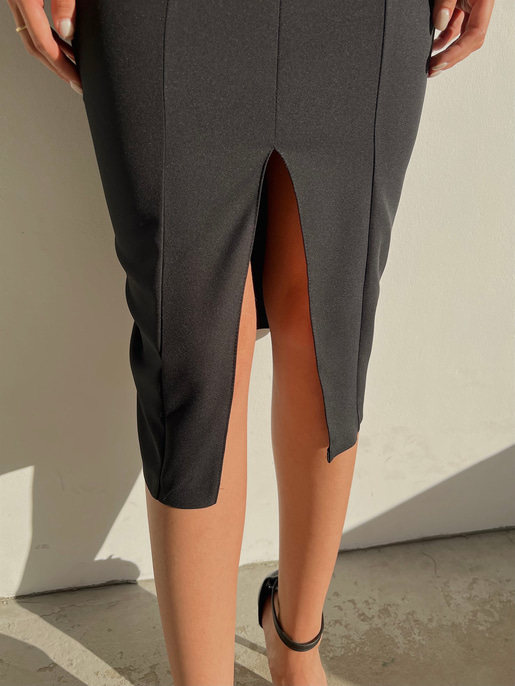 Midi Boy Likralı İnce Taş Askılı Yırtmaçlı Manlio Kadın Siyah Elbise 22Y000466