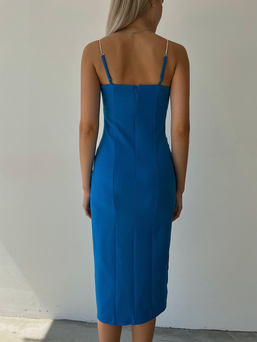 Midi Boy Likralı İnce Taş Askılı Yırtmaçlı Manlio Kadın Saks Elbise 22Y000466