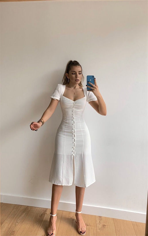 Midi Boy Önden Düğmeli Kadın Beyaz Elbise 21Y000318