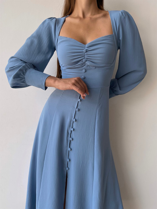 Midi Boydan Düğme Detaylı Kalp Yaka Dionis Kadın İndigo Elbise 22K000450