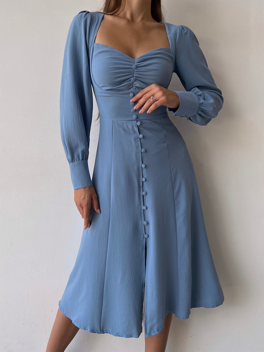 Midi Boydan Düğme Detaylı Kalp Yaka Dionis Kadın İndigo Elbise 22K000450