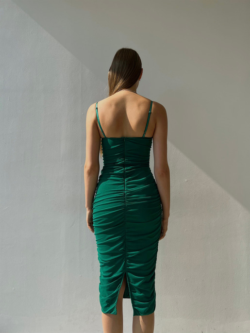 Midi Göğüs Kuplu Büzgülü Mellona Kadın Yeşil Kalem Elbise Elbise 22Y000326