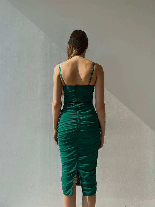 Midi Göğüs Kuplu Büzgülü Mellona Kadın Yeşil Kalem Elbise Elbise 22Y000326