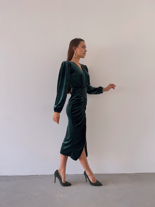 Midi Önden Yırtmaçlı Lucetta Kadın Zümrüt Kadife Elbise 22K000422