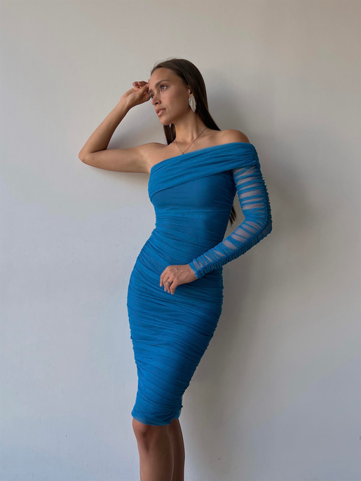 Midi Tek Kol Büzgülü Ninfe Kadın Mavi Tül Elbise 22K000524