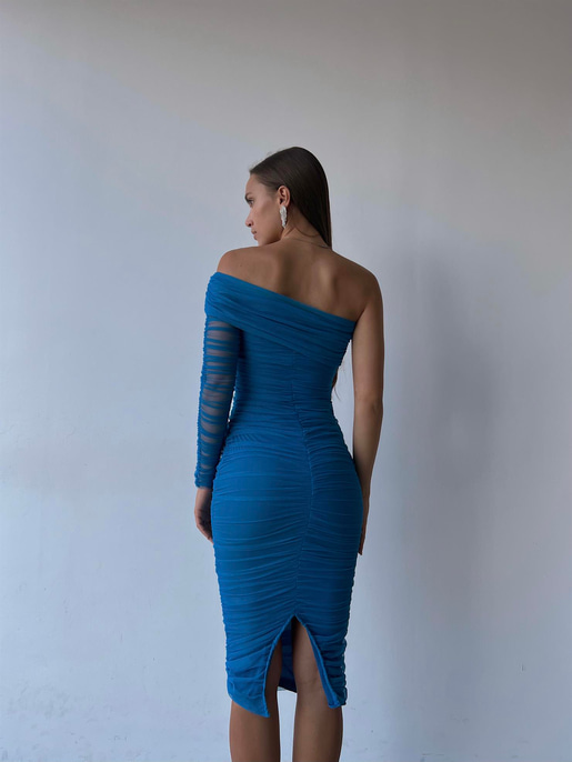 Midi Tek Kol Büzgülü Ninfe Kadın Mavi Tül Elbise 22K000524