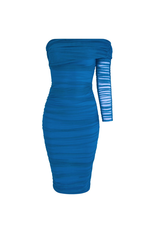 Midi Tek Kol Büzgülü Ninfe Kadın Mavi Tül Elbise 22K000524