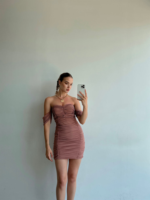 Mini Açık Omuz Drapeli Antonia Kadın Vizon Tül Elbise 22Y000040