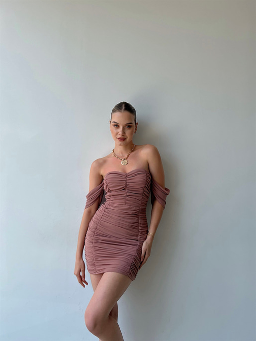 Mini Açık Omuz Drapeli Antonia Kadın Vizon Tül Elbise 22Y000040