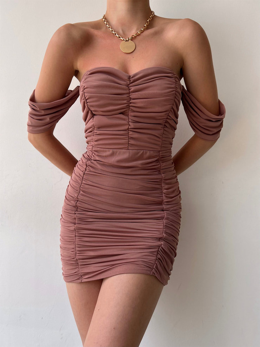 Mini Açık Omuz Drapeli Antonia Kadın Vizon Tül Elbise 22Y000040