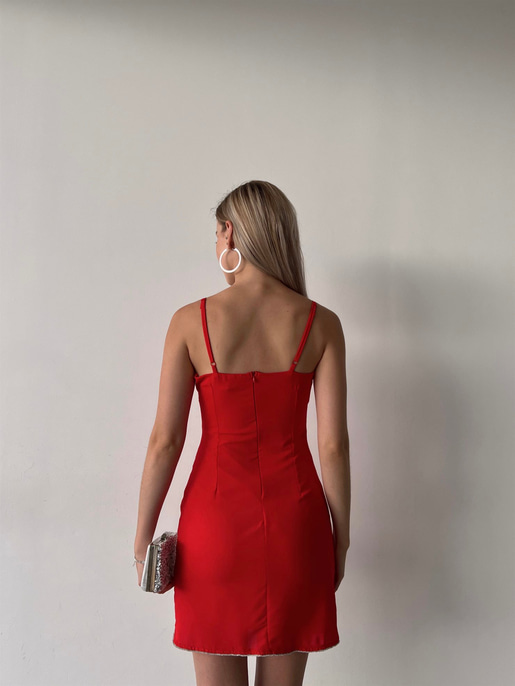 Mini Boy Etek Ve Göğüs Çevresi Taş Detay Jalyn Kadın Kırmızı Elbise 22Y000297