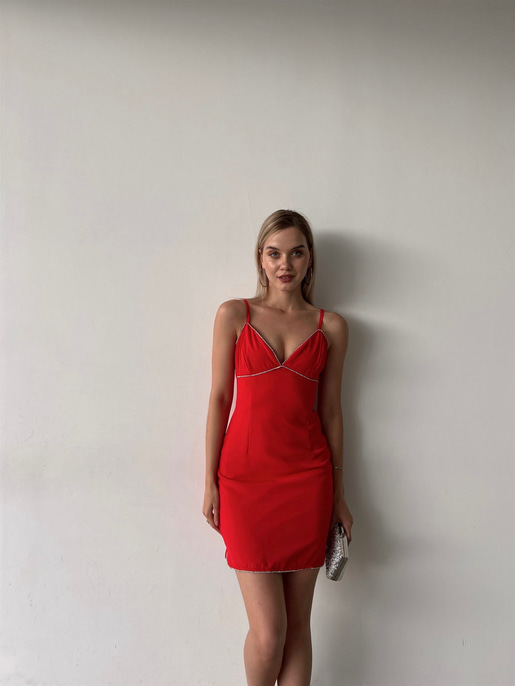 Mini Boy Etek Ve Göğüs Çevresi Taş Detay Jalyn Kadın Kırmızı Elbise 22Y000297