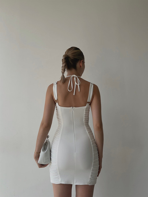 Mini Boy Omuz Ve Boyundan Askılı Drapeli Vice Kadın Beyaz Elbise 22Y000362