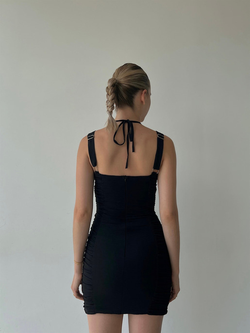 Mini Boy Omuz Ve Boyundan Askılı Drapeli Vice Kadın Siyah Elbise 22Y000362