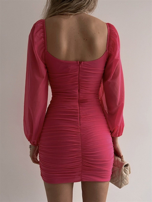 Mini Kare Yaka Büzgülü Carol Kadın Pembe Tül Elbise 22K000564