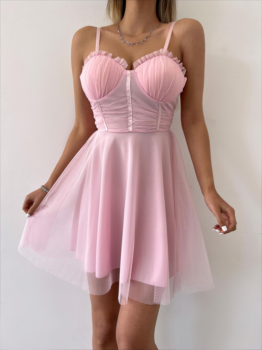 Mini Kiloş Kesim Göğüs Dolgulu İnce Askı  Santos Kadın Pudra Tül Elbise 22Y000200