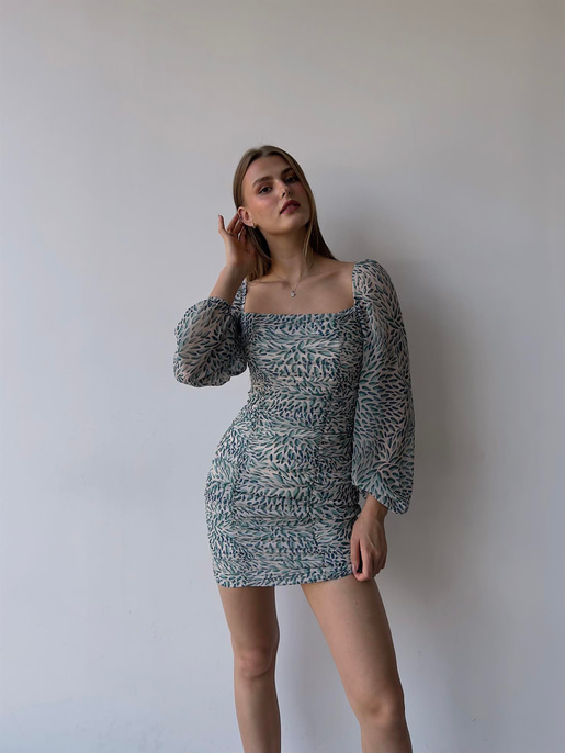 Mini Yaprak Desenli Drapeli Nora Kadın Yeşil Şifon Elbise 21Y000273